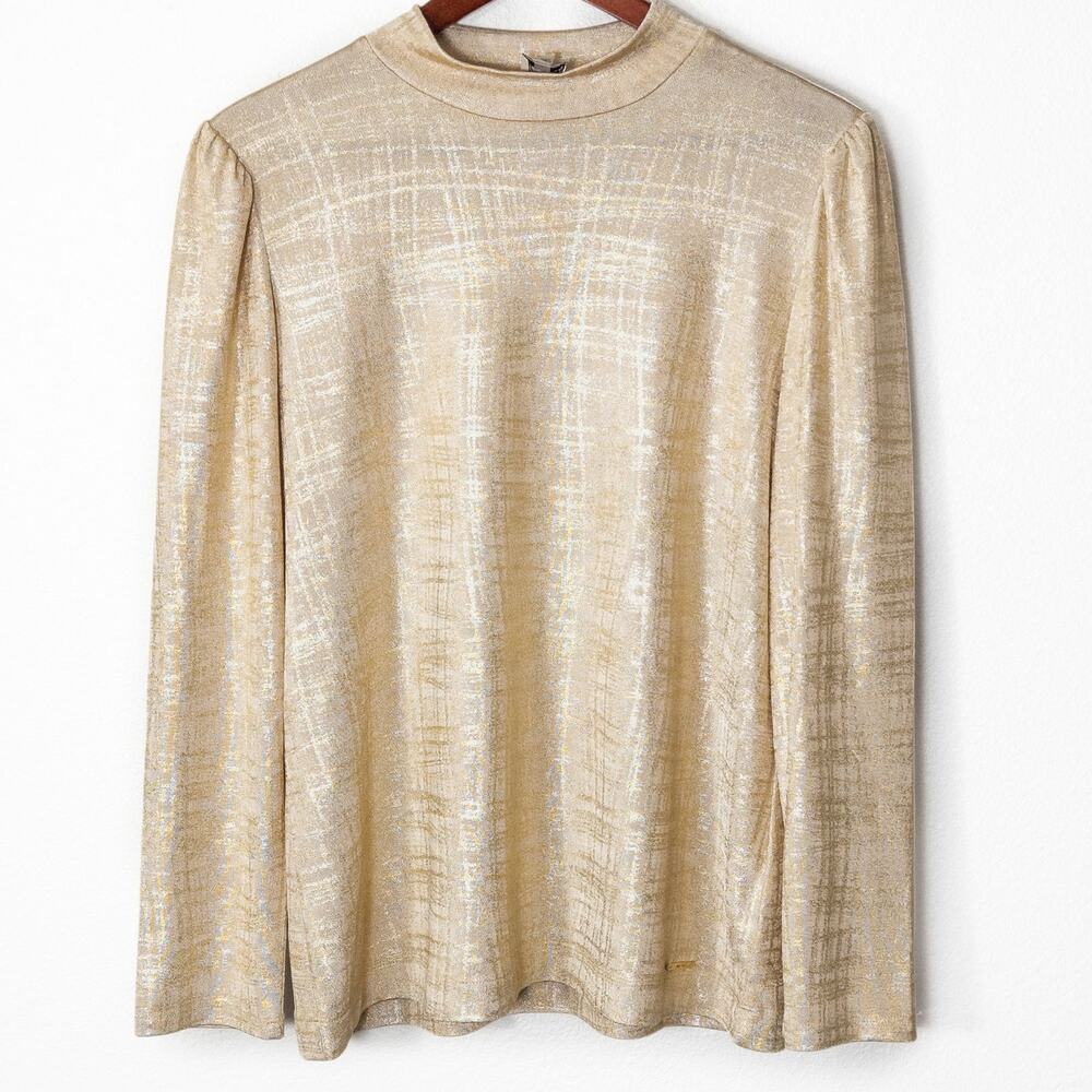 Anne Klein Metallic Knit Long Sleeve Blouse Size L Gold Shimmer Quiet Polished